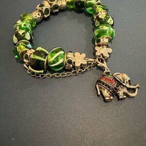 Green Beaded Elephant Charm Bracelet